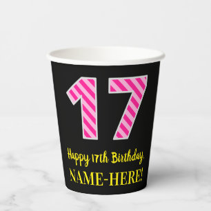 Gobelets En Papier Fun Pink Stripes "17" : Joyeux 17ème anniversaire