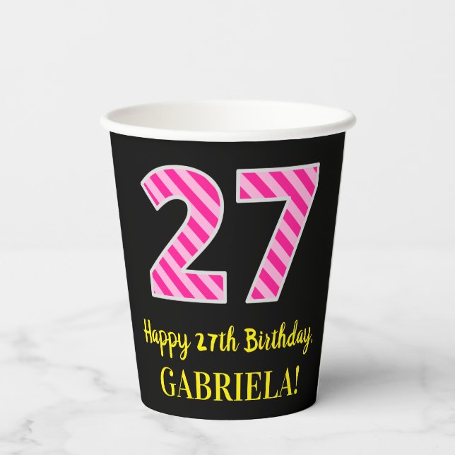 Gobelets En Papier Fun Pink Stripes "27" : Joyeux 27ème anniversaire  (Verso)