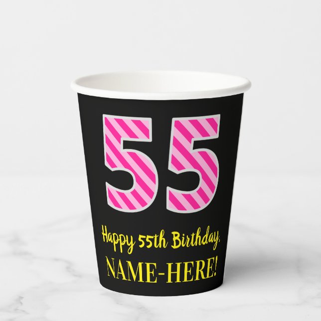 Gobelets En Papier Fun Pink Stripes "55" : Joyeux 55ème anniversaire  (Verso)