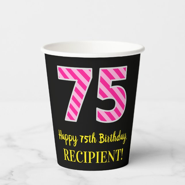 Gobelets En Papier Fun Pink Stripes "75" : Joyeux 75ème anniversaire  (Verso)
