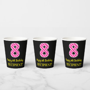 Gobelets En Papier Fun Pink Stripes "8" : Joyeux 8ème anniversaire + 