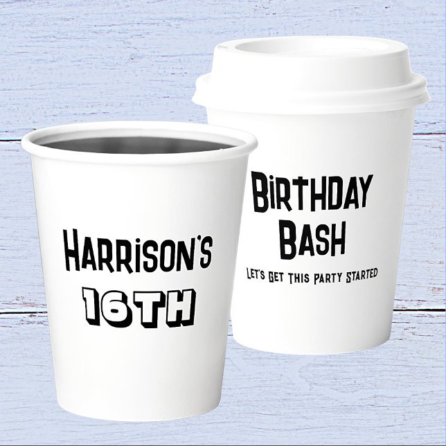 Gobelets En Papier Garçons 16e anniversaire Bash Noir et blanc Nom (Front And Back)