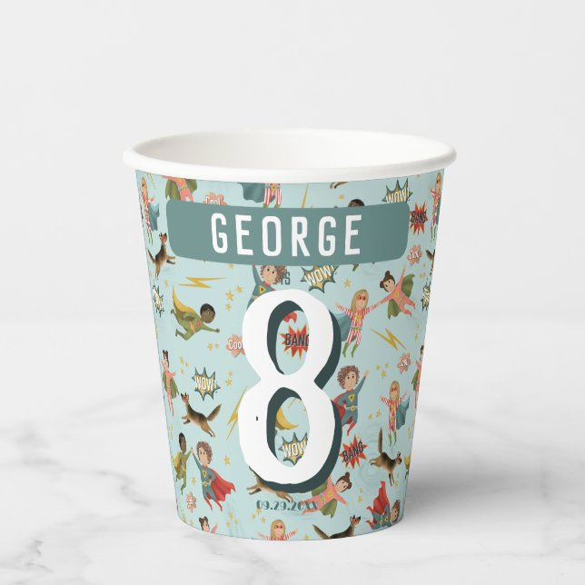 Gobelets En Papier Garçons Cool Bleu BD Livre Superhero Anniversaire  (Recto)