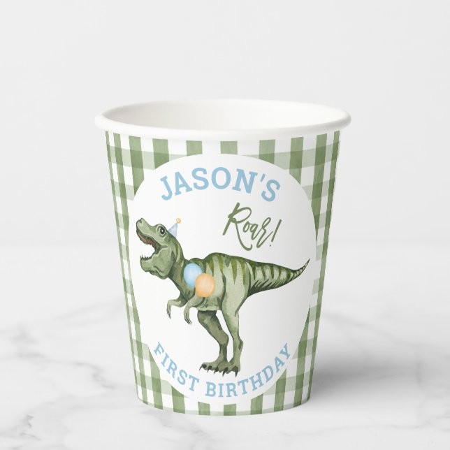 Gobelets En Papier Garçons Green Stomp Chomp Roar Dinosaur 1er annive (Recto)