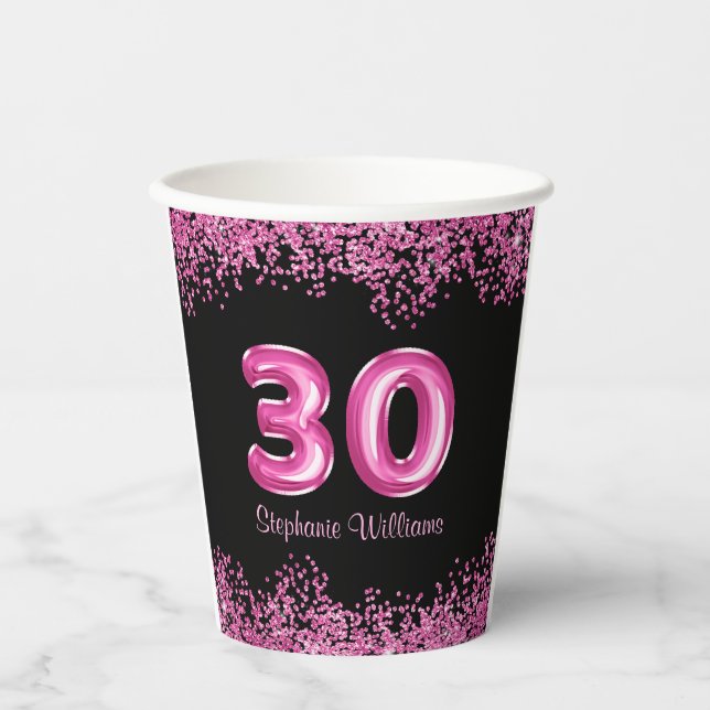 Gobelets En Papier Glam Black Pink Foil 30e fête d'anniversaire (Recto)
