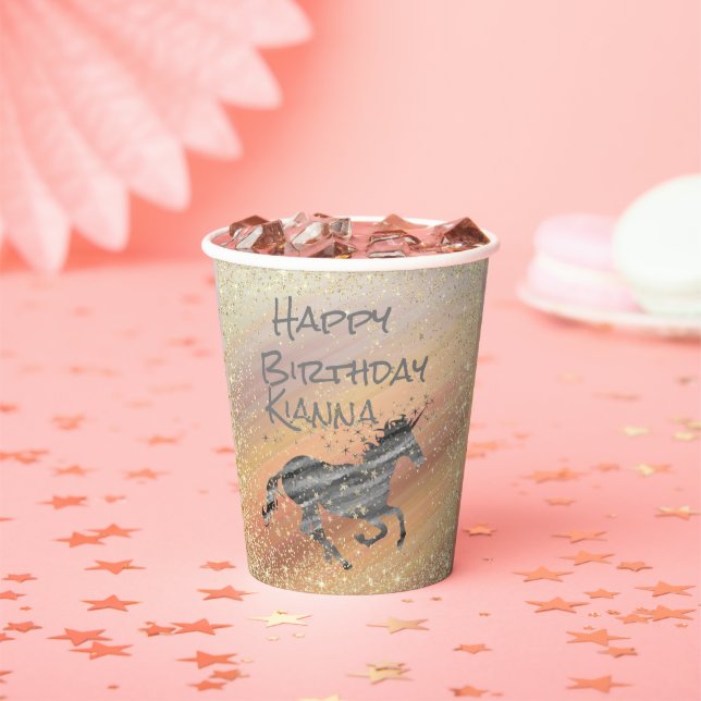 Gobelets En Papier Glittery Starry Unicorn Anniversaire Personnalisé (Insitu)