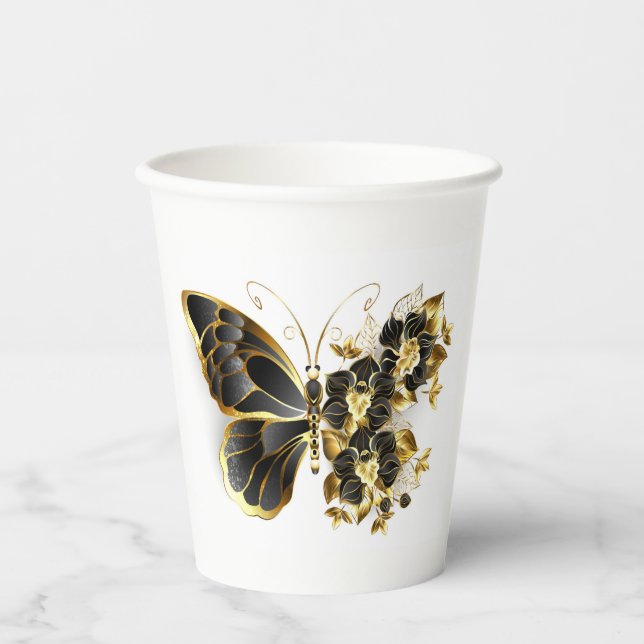 Gobelets En Papier Gold flower Butterfly with Black Orchid (Recto)