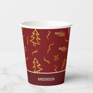 Gobelets En Papier Gold Foil Noël Arbre Motif Red Holiday