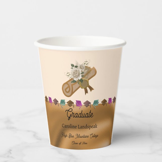 Gobelets En Papier Gold Foil, White Anglais Rose Graduation 2025 (Recto)