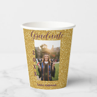 Gobelets En Papier Gold glitter photo graduation add name class text