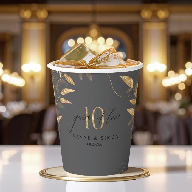 Gobelets En Papier Gold Leaf Floral 10th Anniversary ID1169 (Créateur téléchargé)