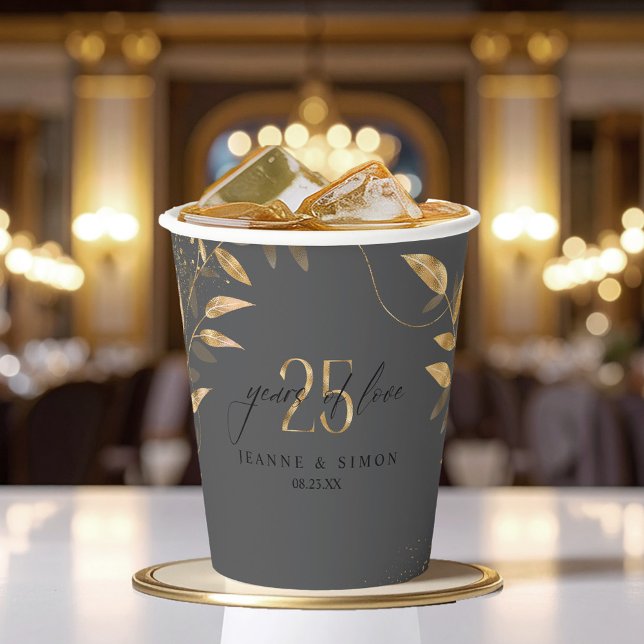 Gobelets En Papier Gold Leaf Floral 25th Anniversary ID1169 (Créateur téléchargé)