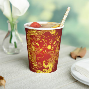 Gobelets En Papier Gold Red Dragon Phoenix Chinese Wedding Favor