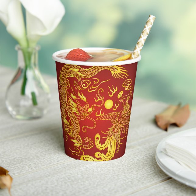 Gobelets En Papier Gold Red Dragon Phoenix Chinese Wedding Favor (Insitu)