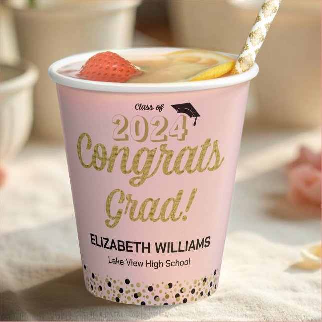 Gobelets En Papier Gold Script Confetti Congrats Grad Rose (Créateur téléchargé)