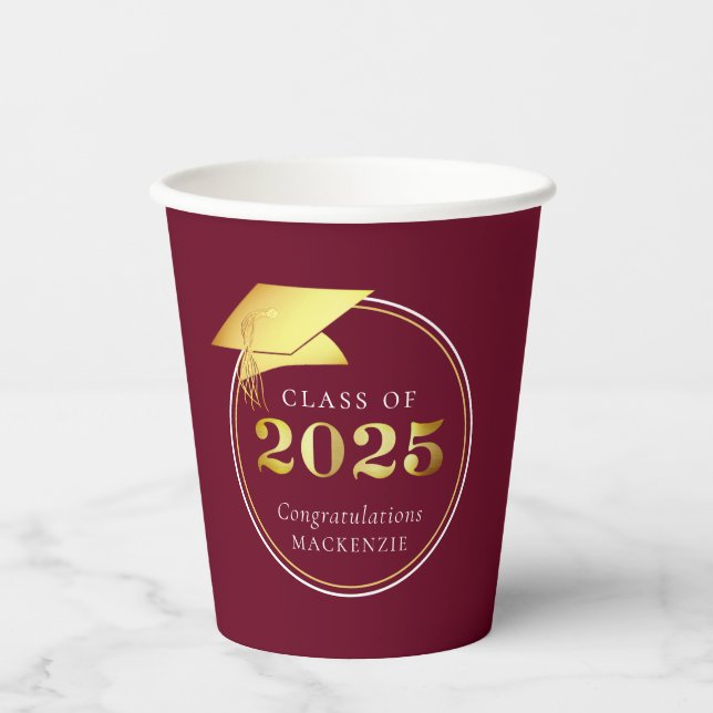 Gobelets En Papier Graduation 2025 Faux Metallic Gold Maroon (Recto)