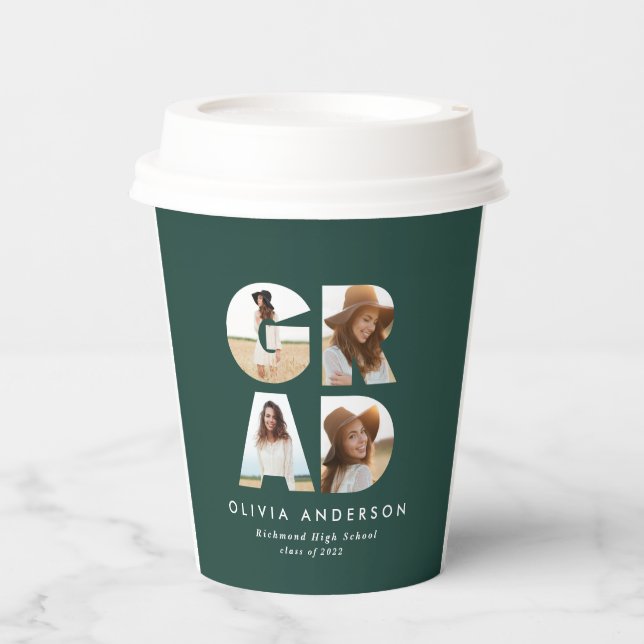 Gobelets En Papier Graduation 4 photo moderne personnalisé vert (Recto)