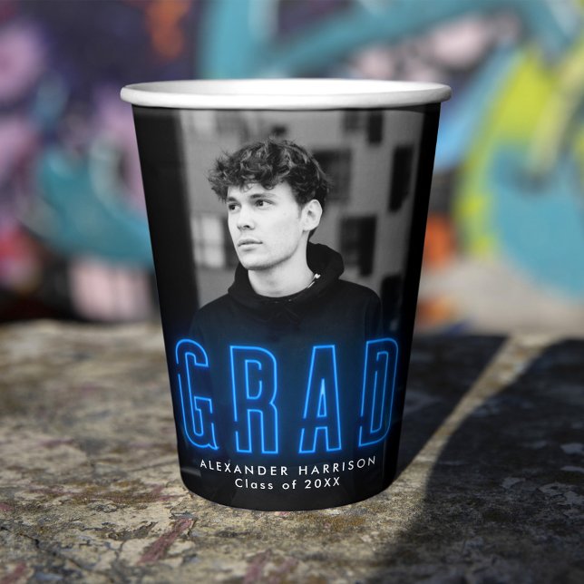 Gobelets En Papier Graduation moderne en néon bleu (Créateur téléchargé)