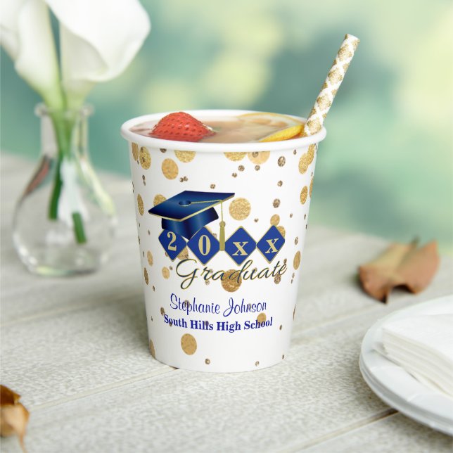 Gobelets En Papier Graduation Party Blue Gold Confetti Personnalisé (Insitu)