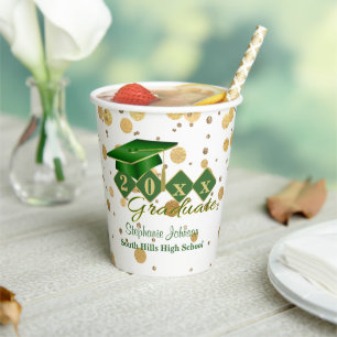 Gobelets En Papier Graduation Party Green Gold Personnalisé