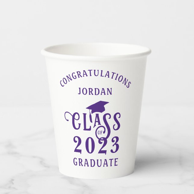 Gobelets En Papier Graduation Purple Classe Année Félicats Nom (Recto)
