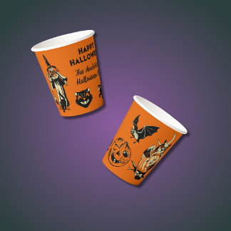 Gobelets En Papier Graphismes Halloween de style vintage orange et no