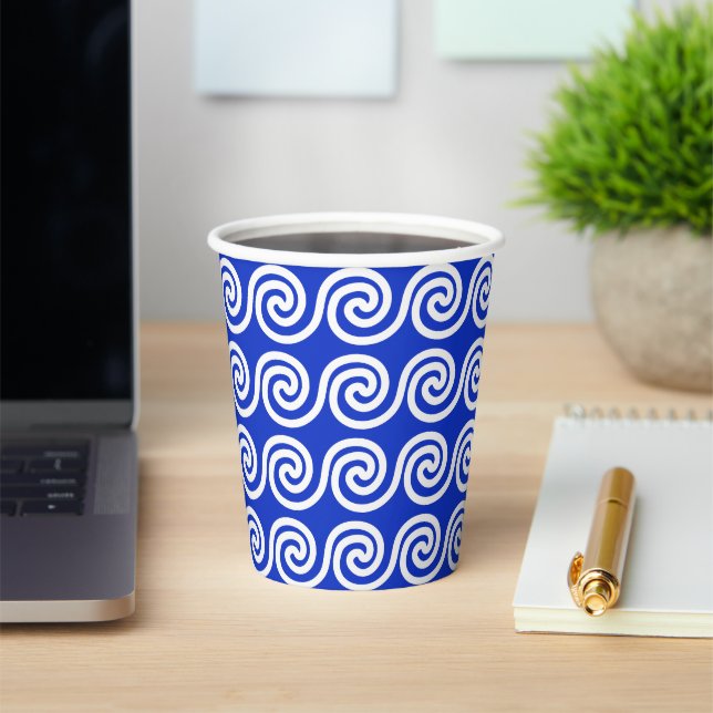 Gobelets En Papier Grec Meander Key Waves Motif Bleu (Insitu)