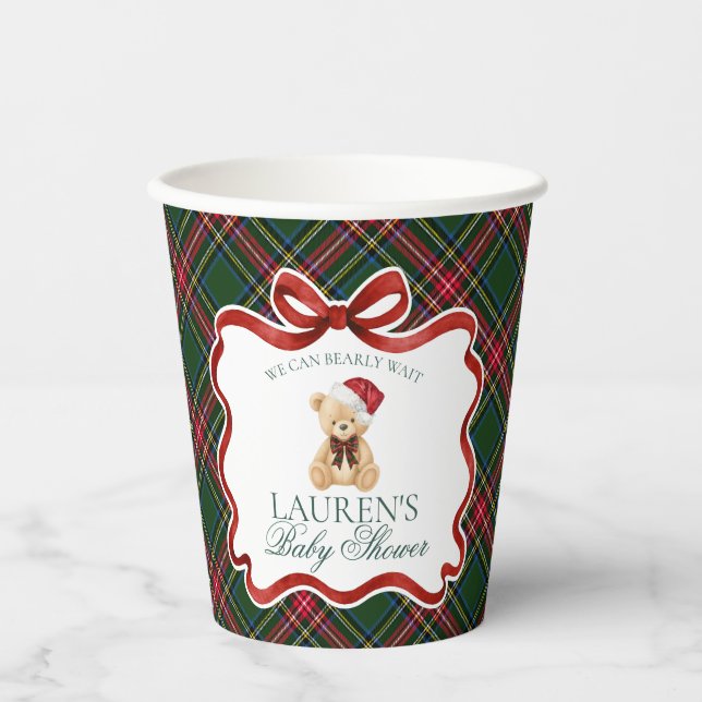 Gobelets En Papier Green Tartan Plaid Christmas Bear Baby Shower (Recto)