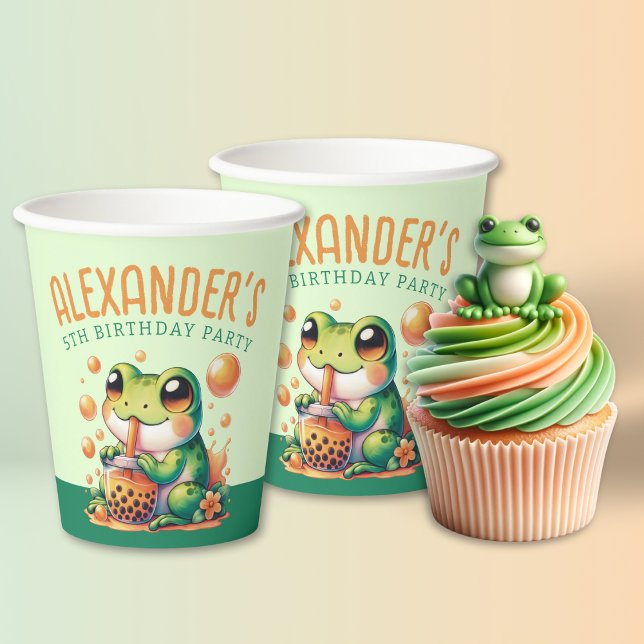Gobelets En Papier Grenouille verte et Orange Boba Bubble Tea Party (Créateur téléchargé)
