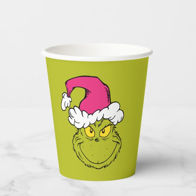 Gobelets En Papier Grinch avec chapeau de Père Noël rose (Recto)