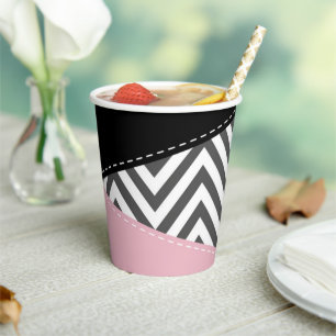Gobelets En Papier Gris Zigzag, Gris Chevron, Motif Zigzag, Rose