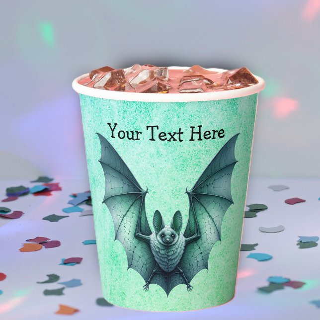 Gobelets En Papier Halloween Blue Green Flying Bat Furry Body (Flying bluish green bat furry body on mix of blues greens Halloween paper party cup.)