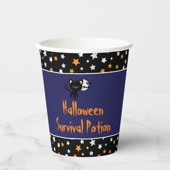 Gobelets En Papier Halloween Chat noir & Pleine lune Party (Recto)