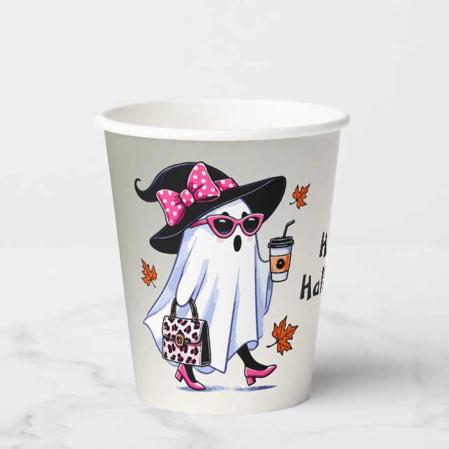 Gobelets En Papier Halloween Cute Stylish Witch Ghost Elegant Café (Recto)