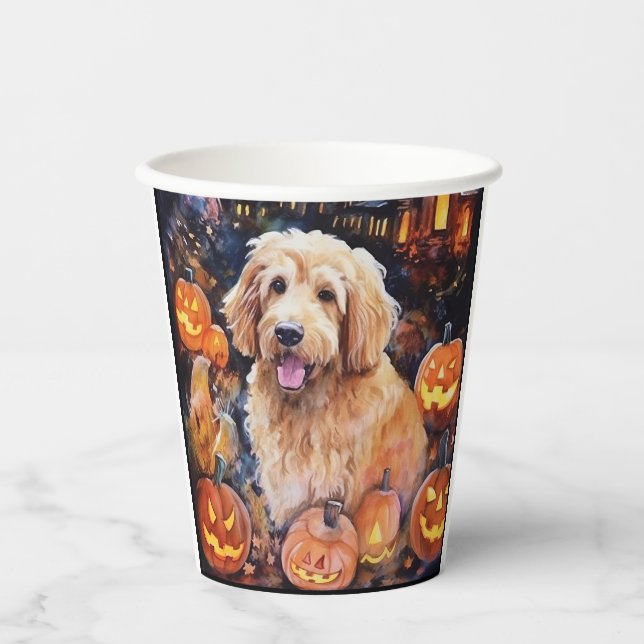 Gobelets En Papier Halloween Goldendoodle avec la peur Citrouille (Recto)