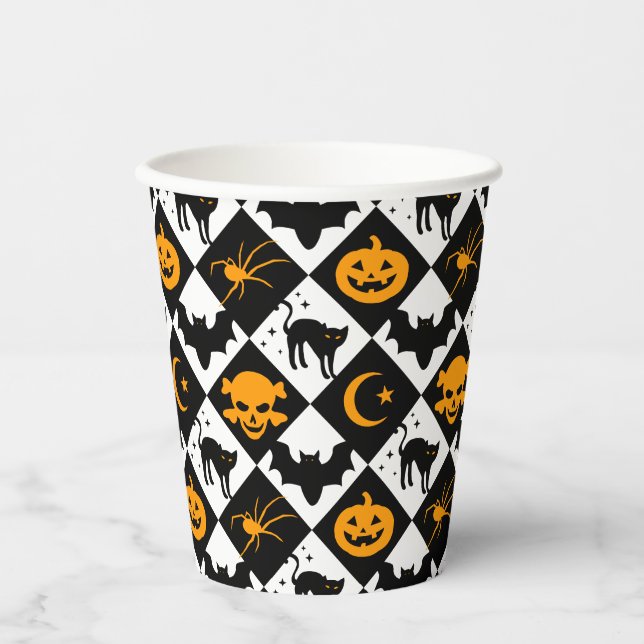 Gobelets En Papier Halloween noir blanc Orange arlequin Motif (Recto)
