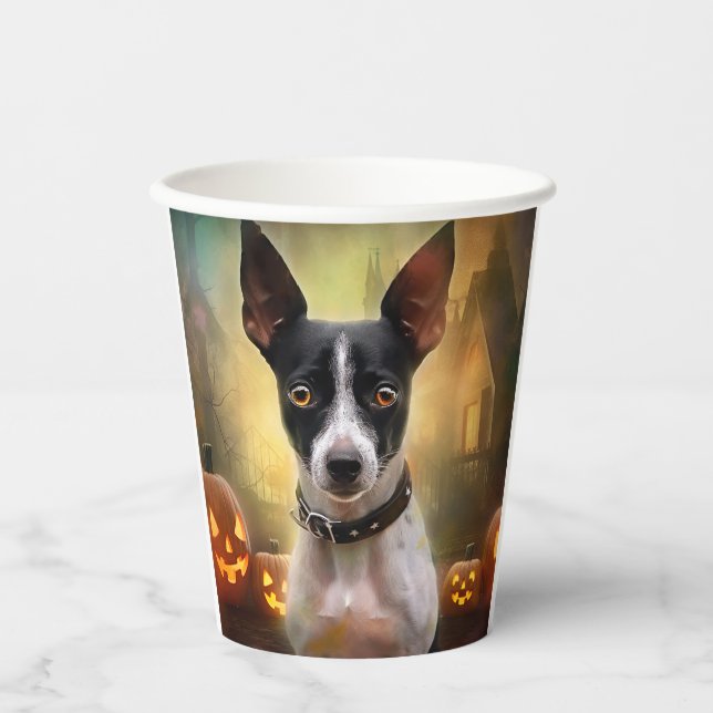 Gobelets En Papier Halloween Rat Terrier Avec La Peur Citrouille (Recto)