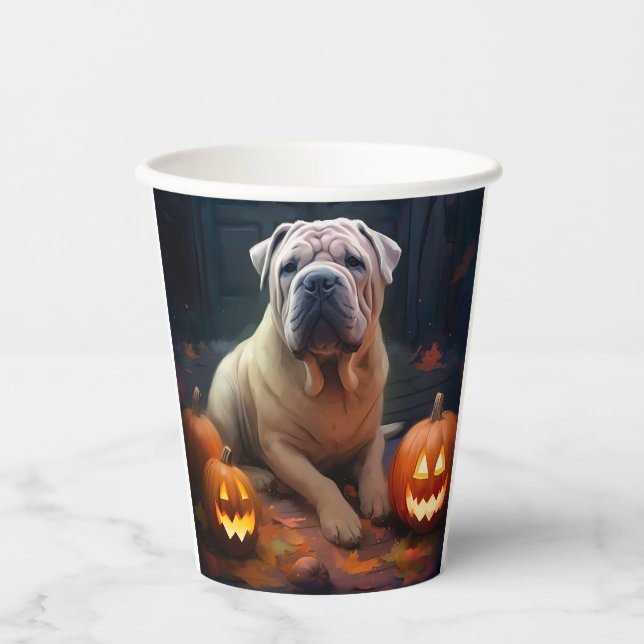 Gobelets En Papier Halloween Shar Pei Avec La Peur Citrouille (Recto)