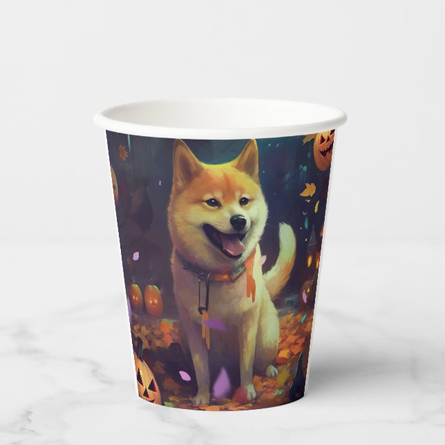 Gobelets En Papier Halloween Shiba Inu Avec La Peur Citrouille (Recto)