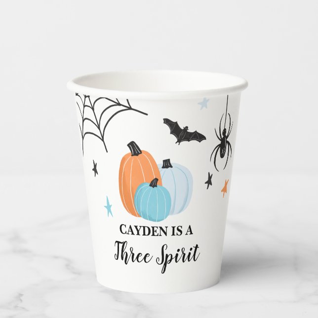 Gobelets En Papier Halloween Trois Esprit bleu Citrouilles 3e anniver (Recto)