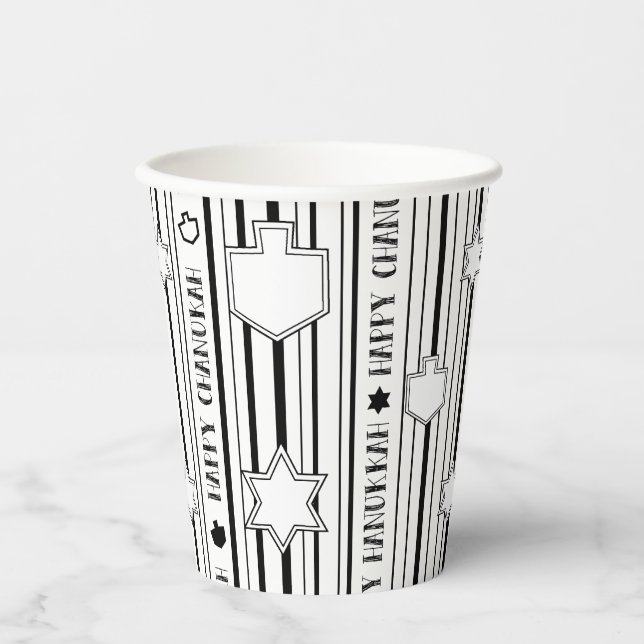 Gobelets En Papier Hanoukka Blk N White Dreidels N Stars 8 oz. (Recto)