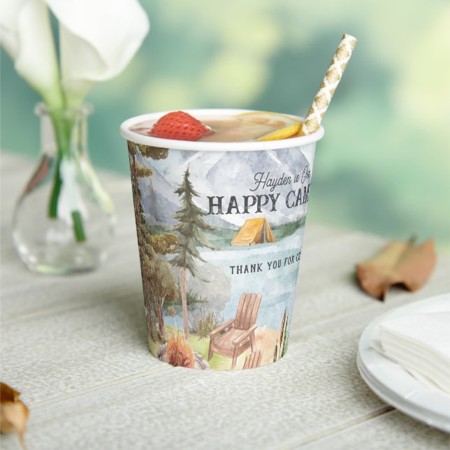 Gobelets En Papier Happy Camper | Camping Coupes de papier d'annivers (Insitu)
