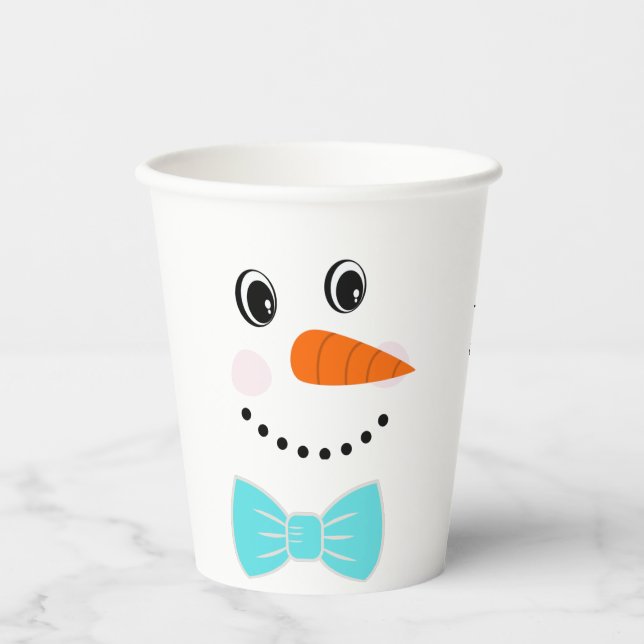 Gobelets En Papier Happy Face Snowman Turquoise Blue Bowtie (Recto)