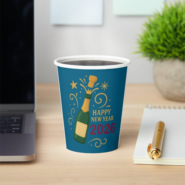 Gobelets En Papier Happy New Year 2026 Champagne | 8oz Paper Cup (Insitu)