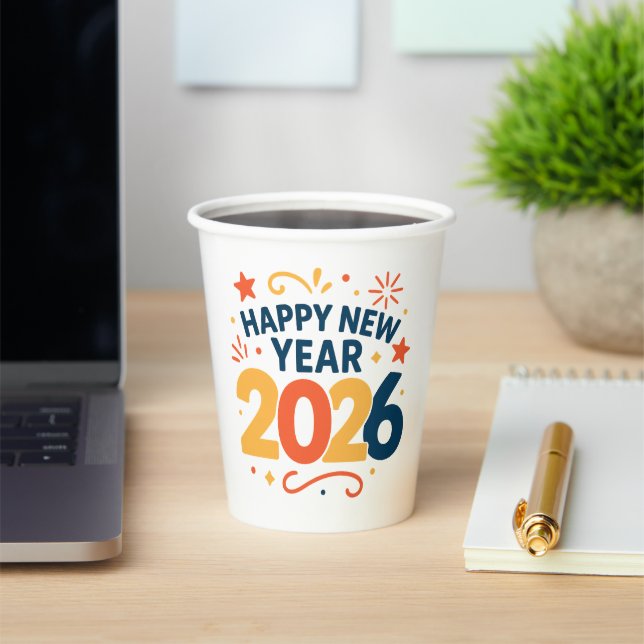Gobelets En Papier Happy New Year 2026 Festive Paper Party Cups (Insitu)