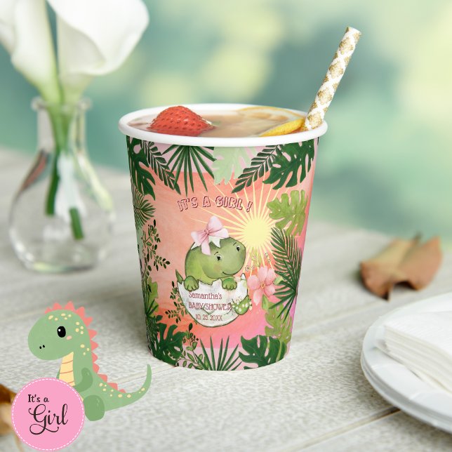 Gobelets En Papier Hatching Dino with Pink Bow 'It's a Girl' Cups (Hatching Dino with Pink Bow 'It's a Girl' Cups)
