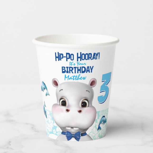 Gobelets En Papier Hippo Blue Fish Boy Anniversaire (Recto)
