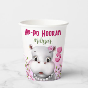 Gobelets En Papier Hippo rose florale fille anniversaire