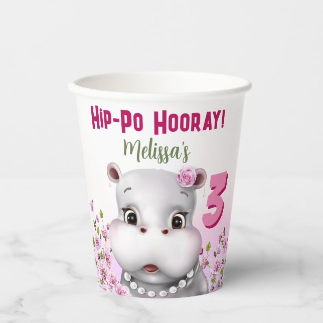 Gobelets En Papier Hippo rose florale fille anniversaire (Recto)