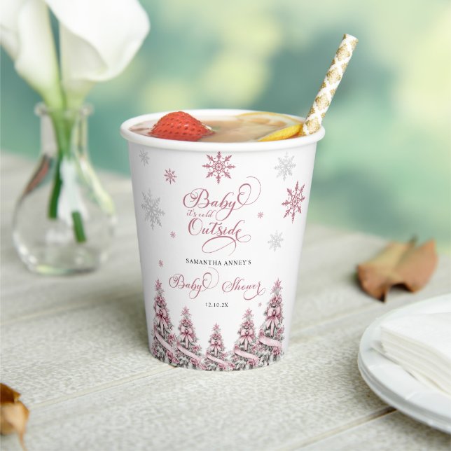 Gobelets En Papier Hiver Noël Arbres Snowflakes Baby shower rose (Insitu)
